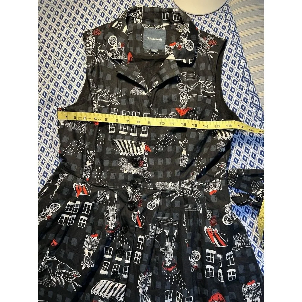 ModCloth Dress L Black Cotton Button Front Fit & Flare Novelty Print Belted - Picture 10 of 11